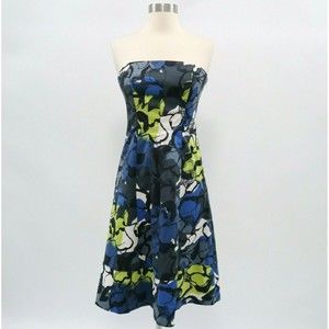 Coast Midi Dress A-Line Strapless Floral Gray Blue Green Cotton Womens US 2-4